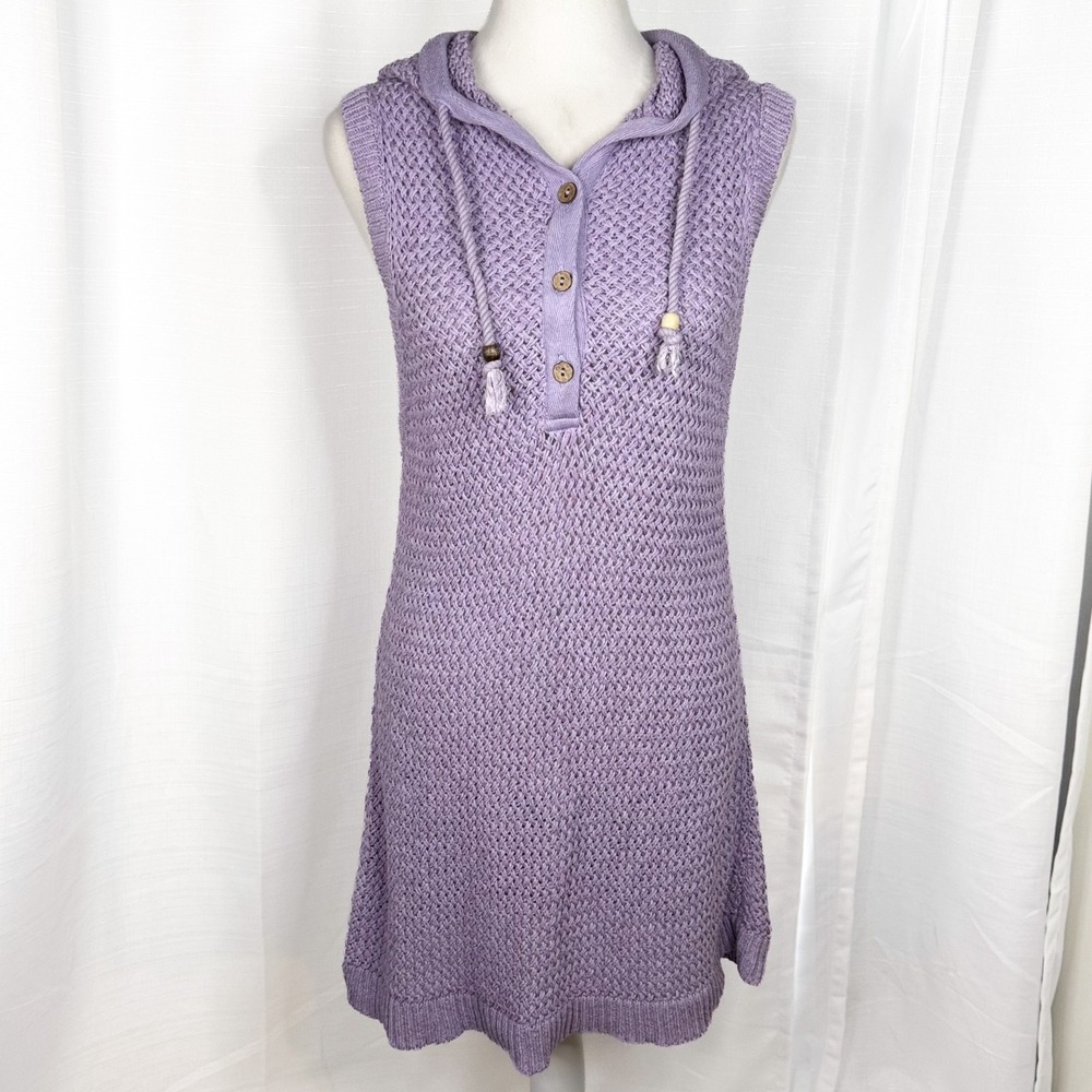 Free People FP Beach Purple Hooded Crochet Knit Tunic Cover Up S Boho Cotton EUC